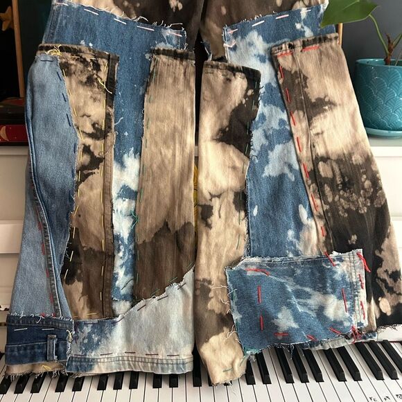 Upcycled Frayed Patchwork Jeans – 34" Waist Handmade Streetwear Pants Wide Leg - Picture 11 of 16